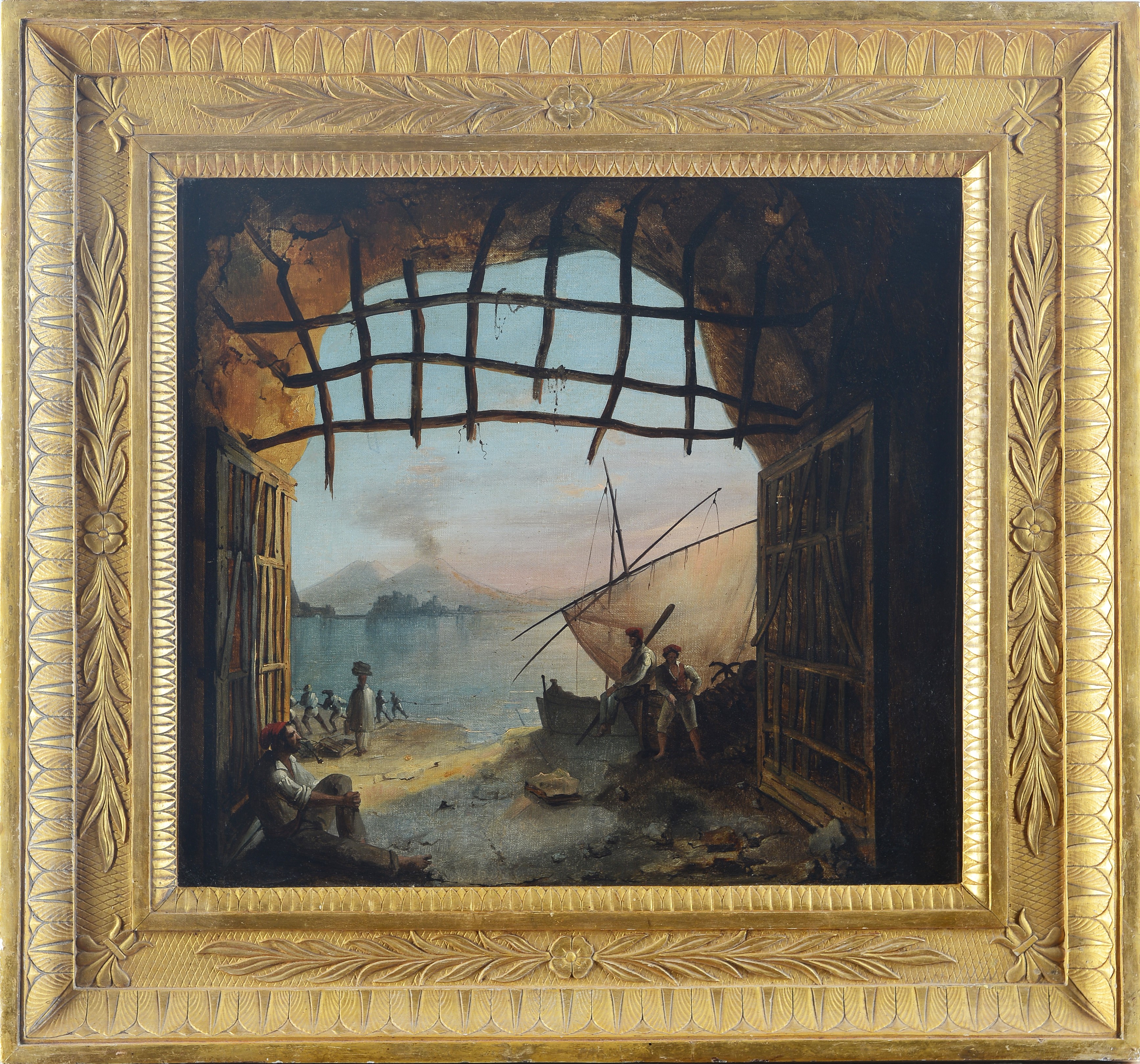 Grotta con Vesuvio sullo sfondo e figure