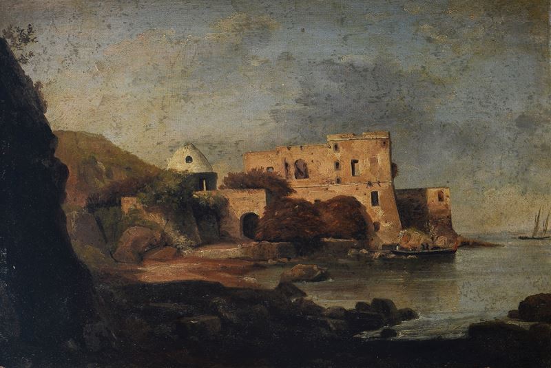 Paesaggio con mare e rovina sullo sfondo
