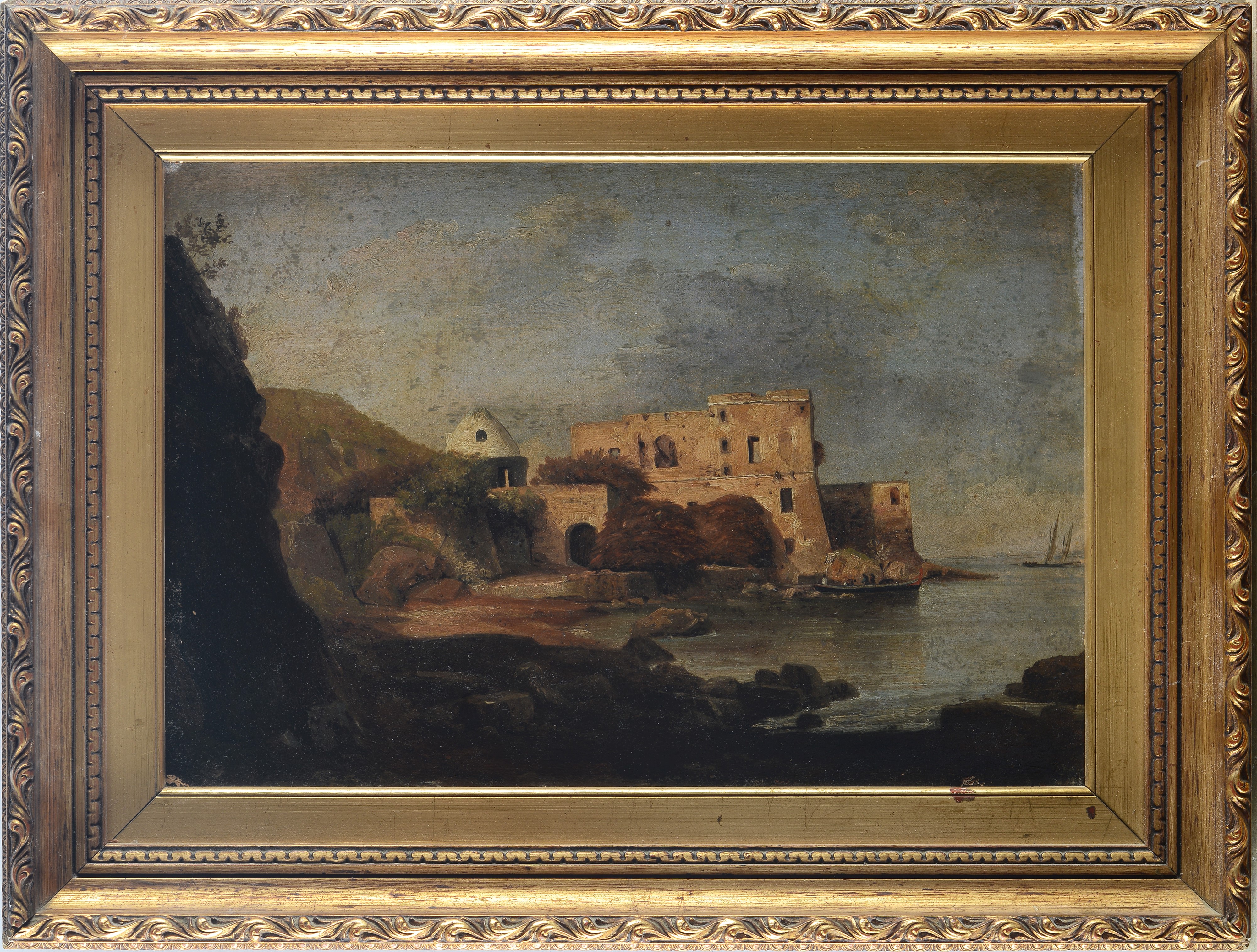 Paesaggio con mare e rovina sullo sfondo