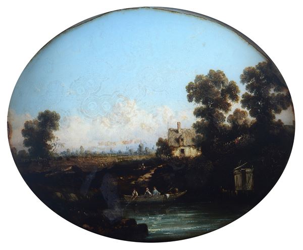 Anonimo, XIX sec. - River landscape with figures