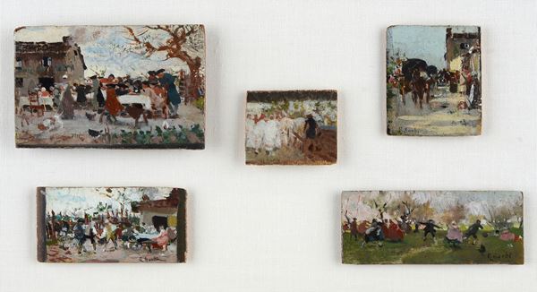 Raffaello Sorbi - Five small paintings with village scenes 