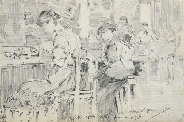 Angiolo Tommasi : At the match factory  - Pencil on paper - Auction ANTIQUES, AUTHORS OF XIX AND XX CENTURY - Galleria Pananti Casa d'Aste