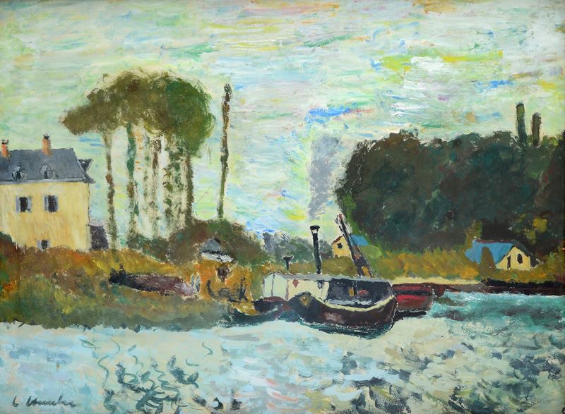 Paesaggio con lago e barche