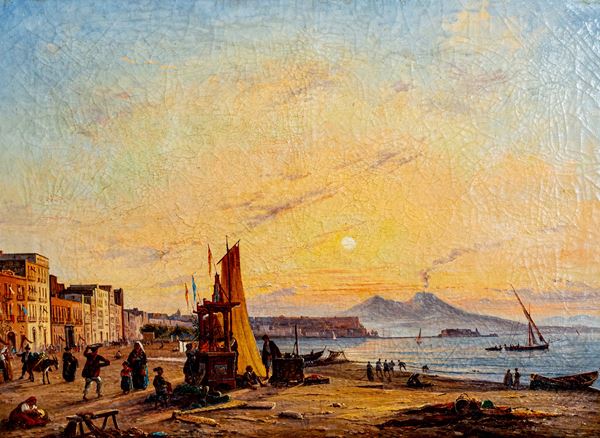 Antonio Sminck Pitloo - Marina con pescatori e Vesuvio sullo sfondo