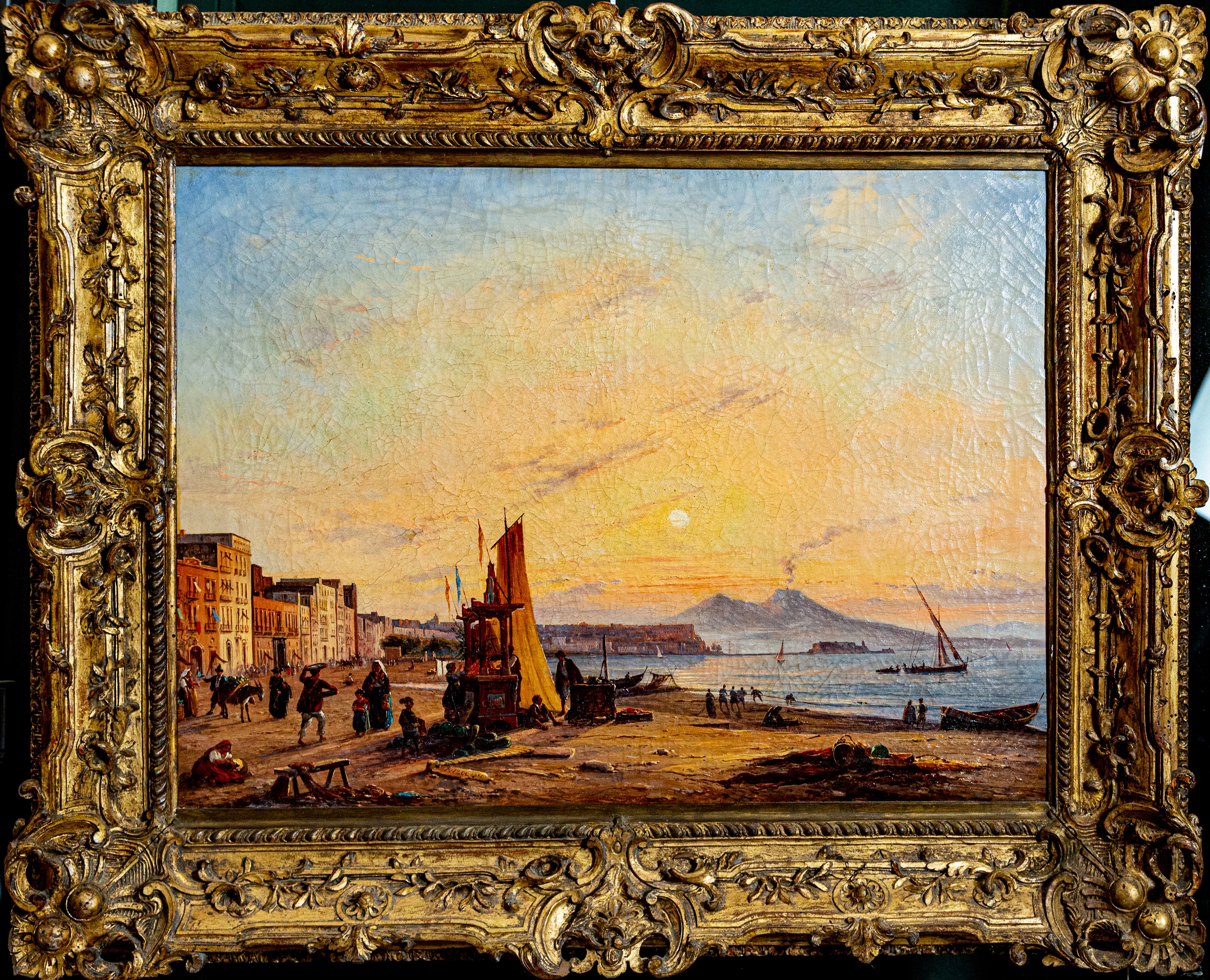 Marina con pescatori e Vesuvio sullo sfondo