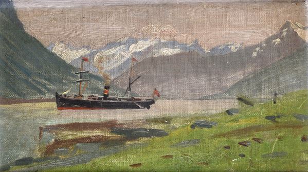 Anonimo, XX sec. - Paesaggio lacustre con battello