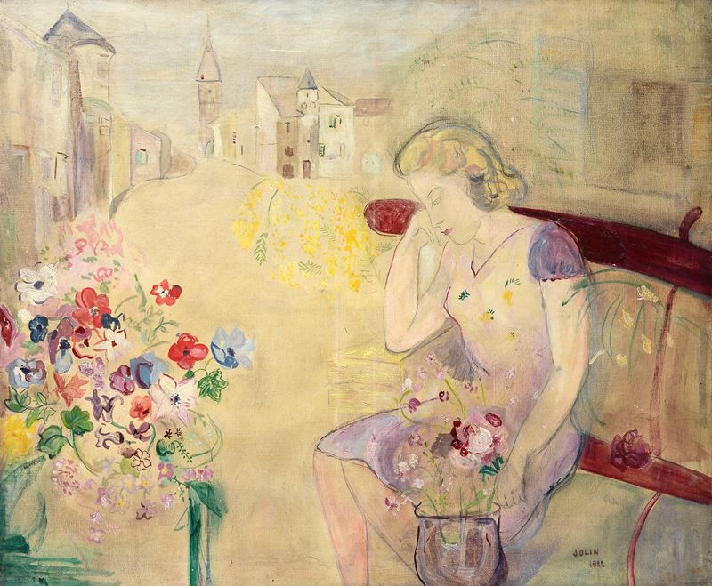 Ritratto di signora con fiori e strada sullo sfondo