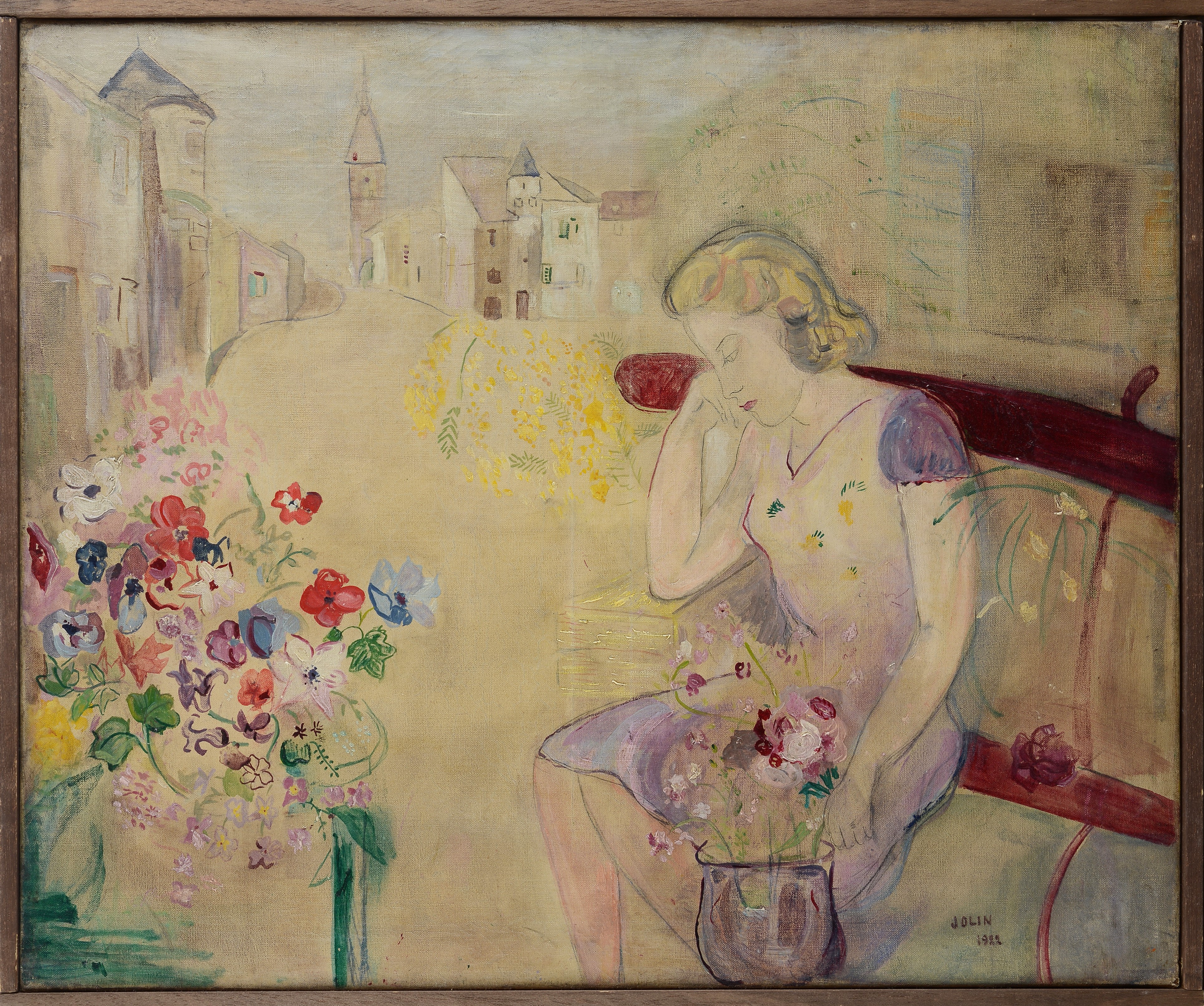 Ritratto di signora con fiori e strada sullo sfondo