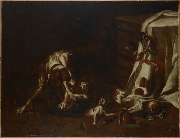 Anonimo, XVIII - XIX sec.,Anonimo, XVIII - XIX sec. - Scena d'interno con cane e gatti