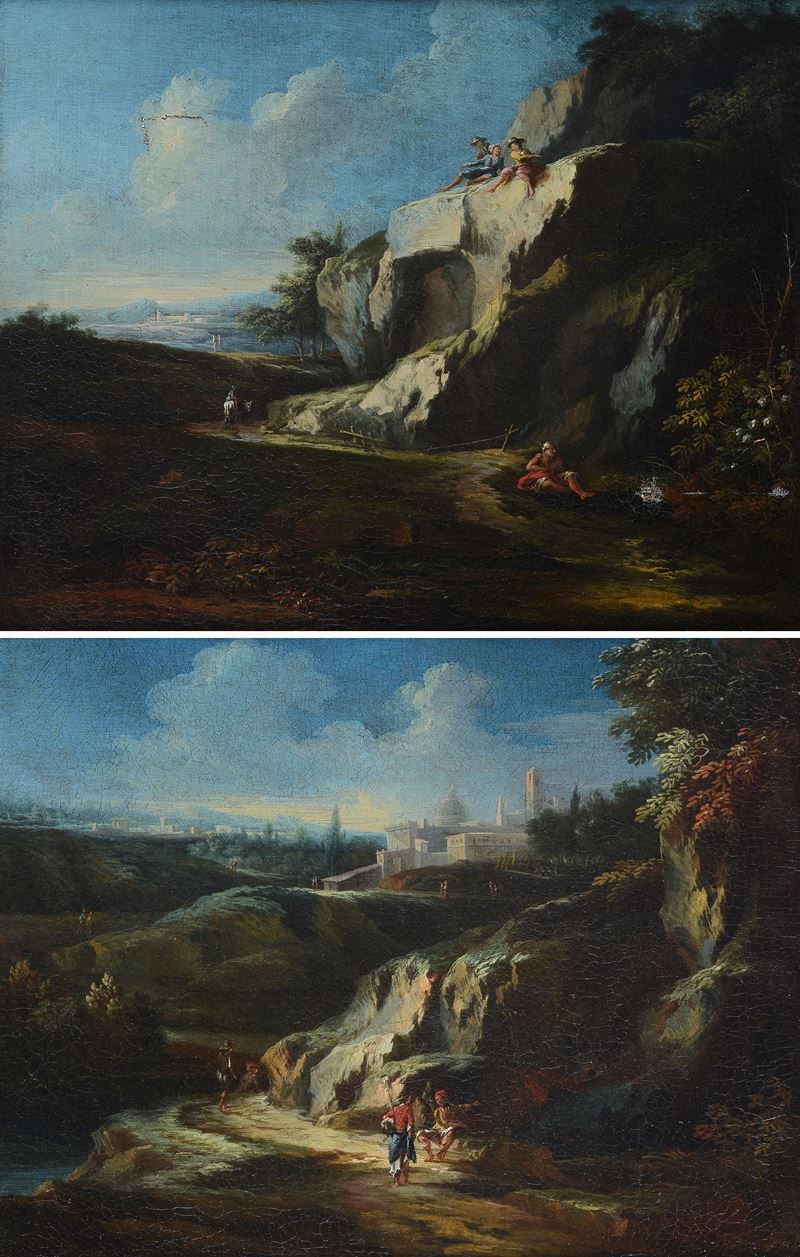 Coppia di paesaggi con figure