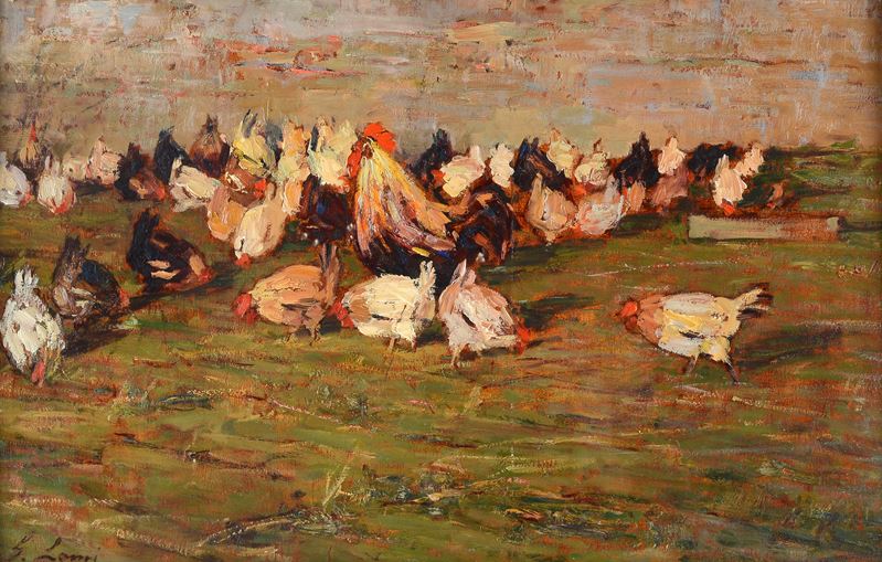 Giovanni Lomi - Galline con Gallo