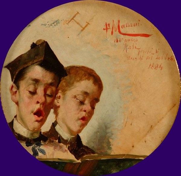 Pompeo Massani : Il  coro, 1884  - Olio su cartone, - Auction ASTA A TEMPO - Autori dell'800-900, Moderni e Contemporanei, Grafica ed Edizioni - I - Galleria Pananti Casa d'Aste
