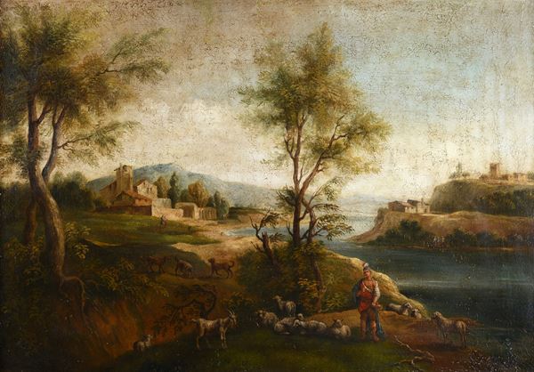 Anonimo, XIX sec. - Paesaggio con figure e paese sullo sfondo 