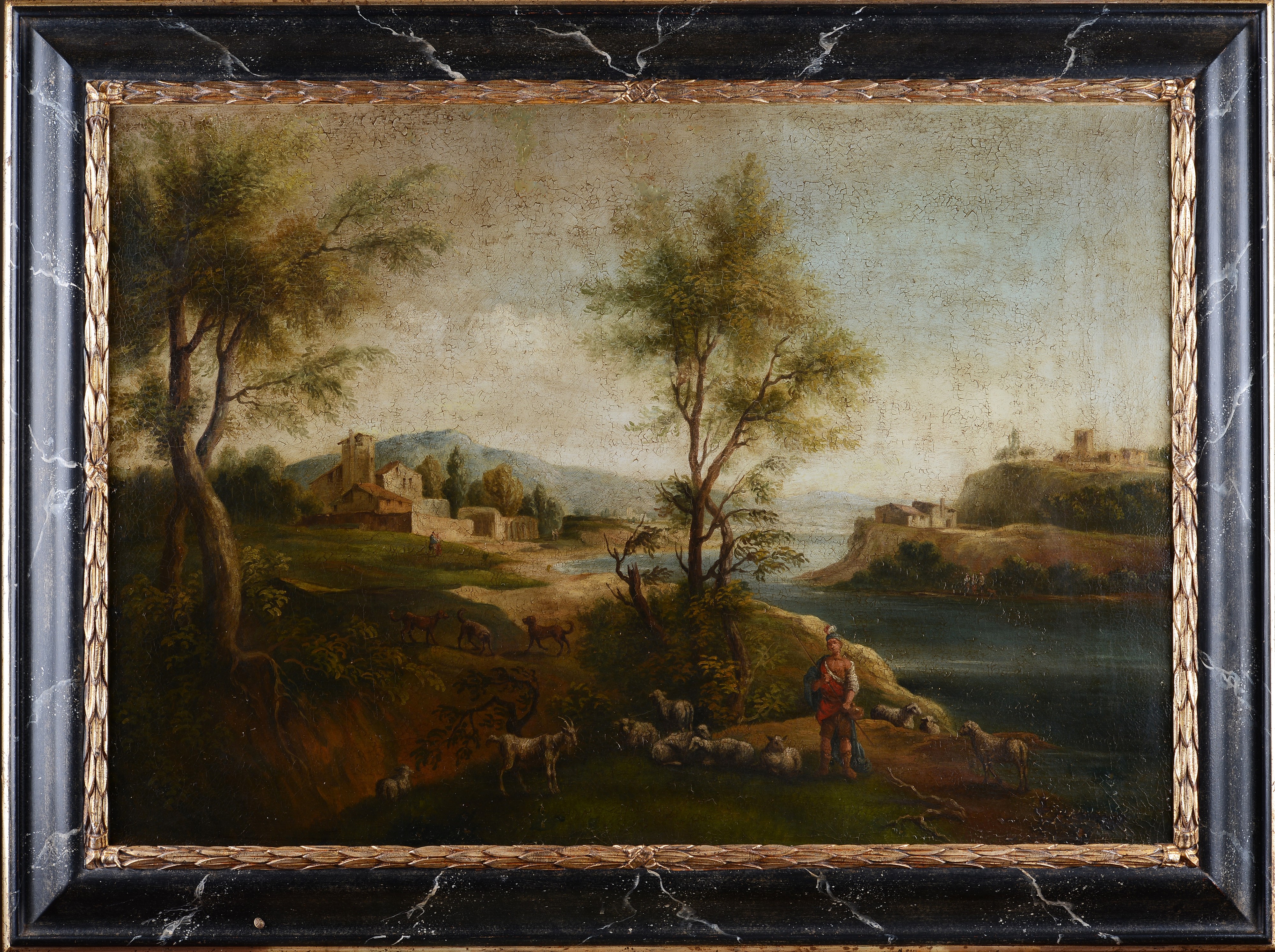 Paesaggio con figure e paese sullo sfondo