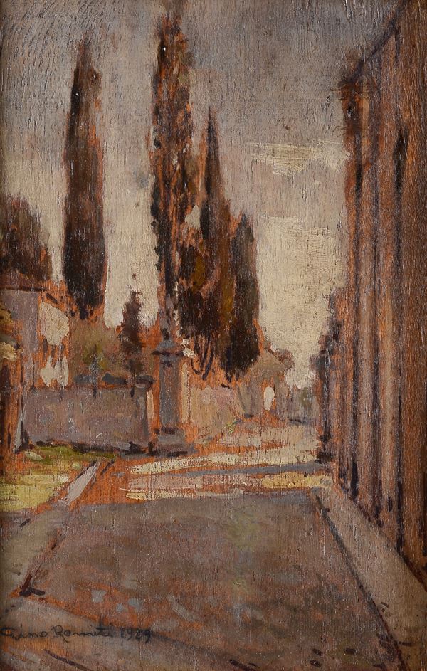 Gino Romiti - Strada con edifici e cipressi a Montenero