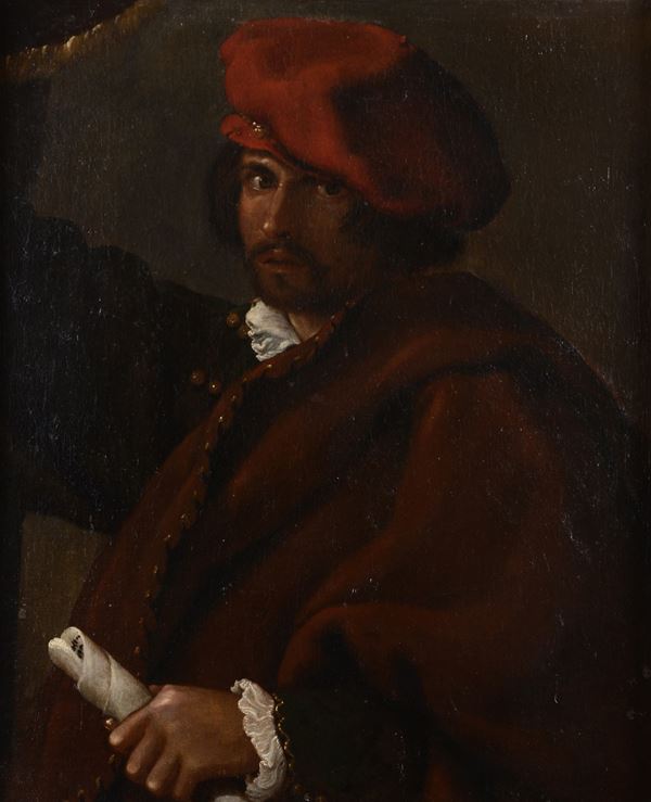 Scuola Emiliana, inizi XVII sec. - Ritratto di uomo con berretto rosso 
