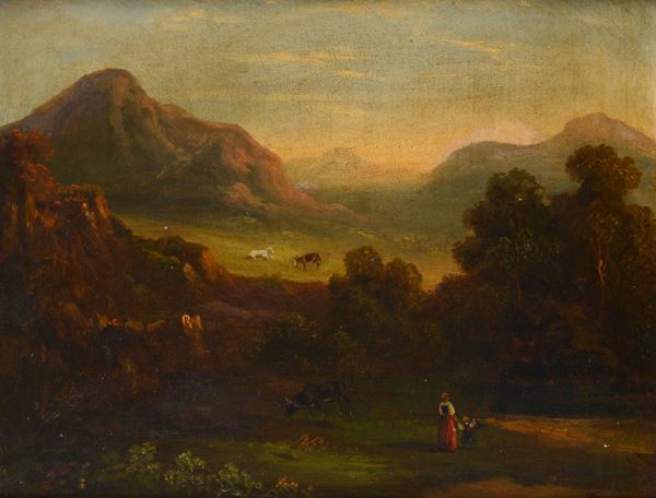 Anonimo, XIX sec. - Paesaggio montano con figure