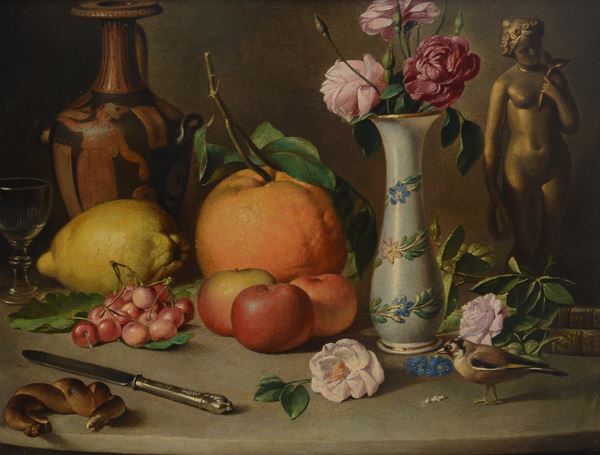 Anonimo, XIX - XX sec. - Natura morta con frutta e vasi