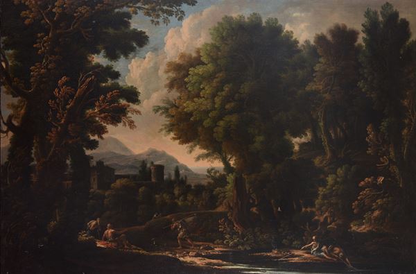 Attr. a Crescenzio Onofri - Paesaggio con figure e castello sullo sfondo