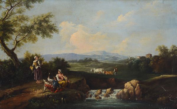 Scuola Italia Settentrionale, fine XVIII sec. - Paesaggio con pastori e ruscello