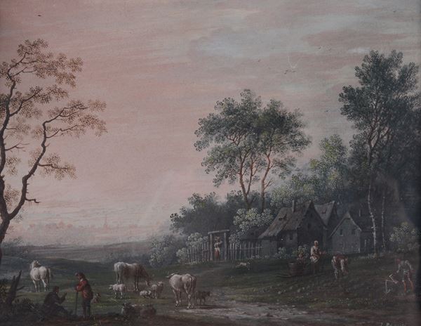 Scuola Olandese, inizi XIX sec. - Paesaggio con villaggio