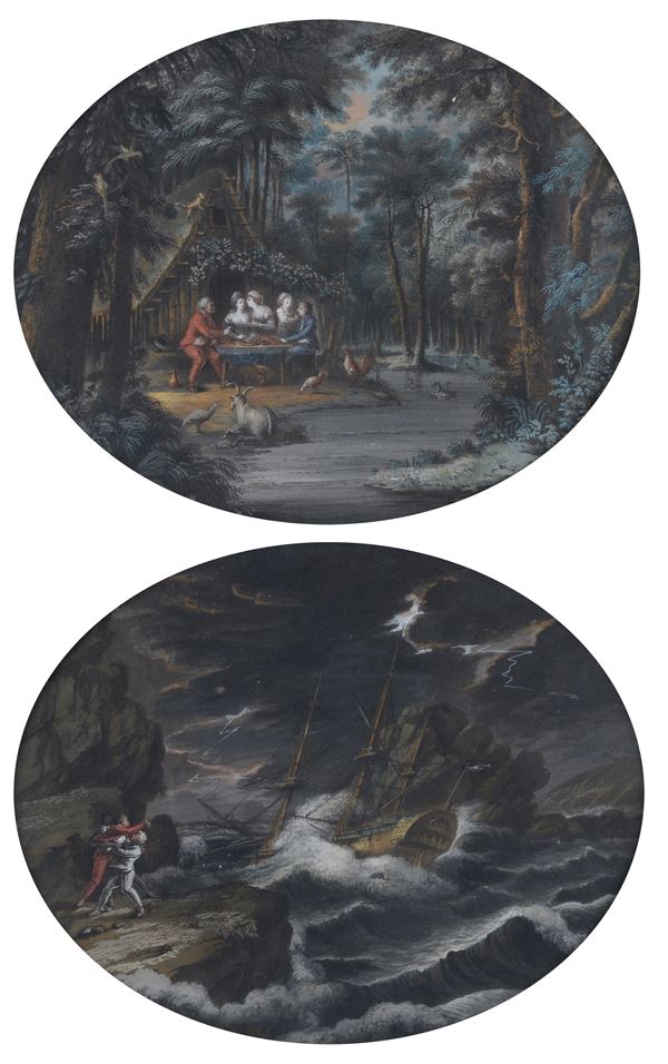 Scuola Francese, XVIII sec. - Mare in tempesta - Cena al chiar di luna