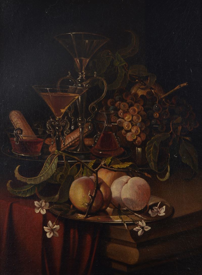 Natura morta con bicchieri e frutta