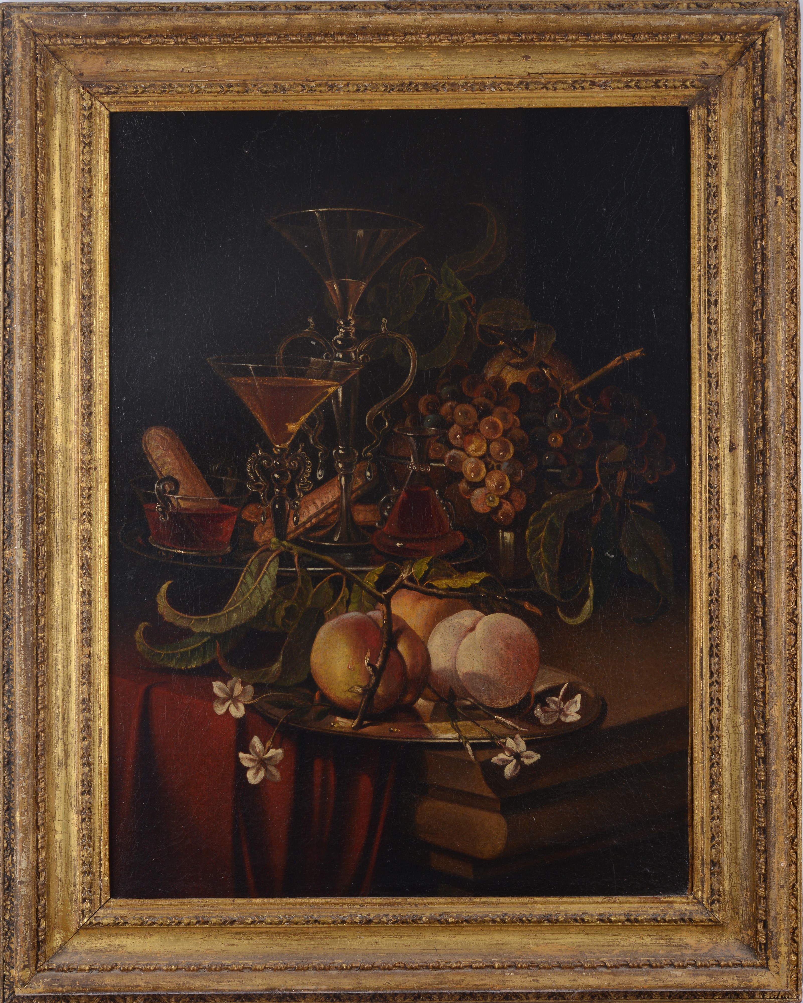 Natura morta con bicchieri e frutta