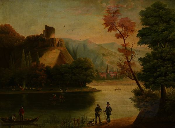 Anonimo, XIX sec. - Lake landscape with figures