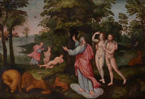 Scuola Fiamminga, XVI-XVII sec. - Il paradiso terrestre con la creazione di Adamo ed Eva