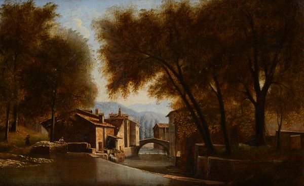 Anonimo, XIX sec. - River landscape with bridge