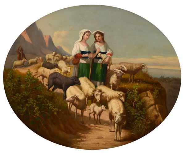 Anonimo, XIX sec. - Shepherdesses with flock
