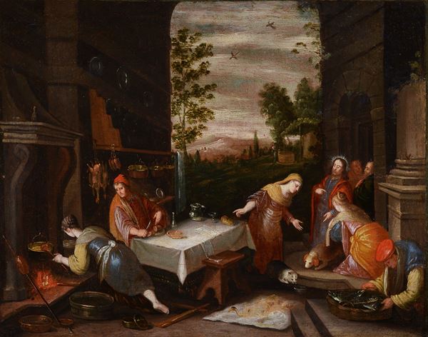 Scuola dei Bassano, XVII sec. - Gesù nella casa di Marta e Maria di Betania