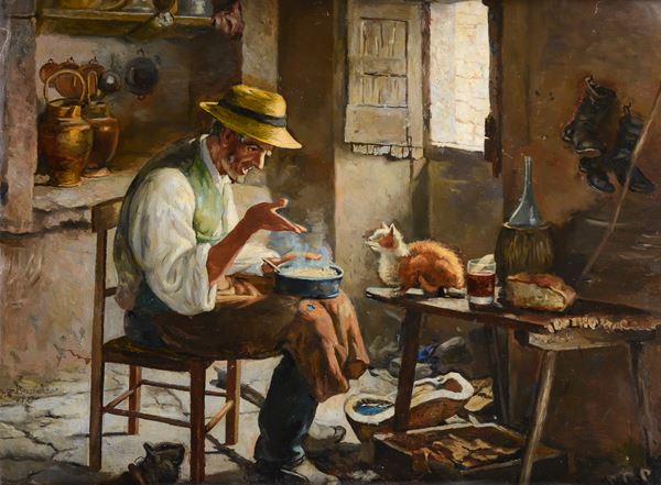 Anonimo, XIX - XX sec. - Old man with cat
