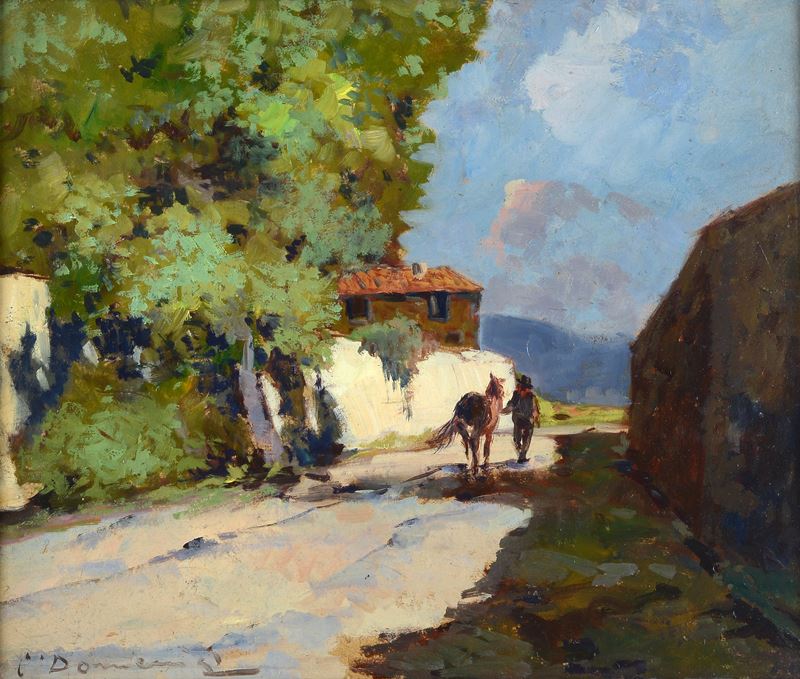 Strada con contadino e cavallo