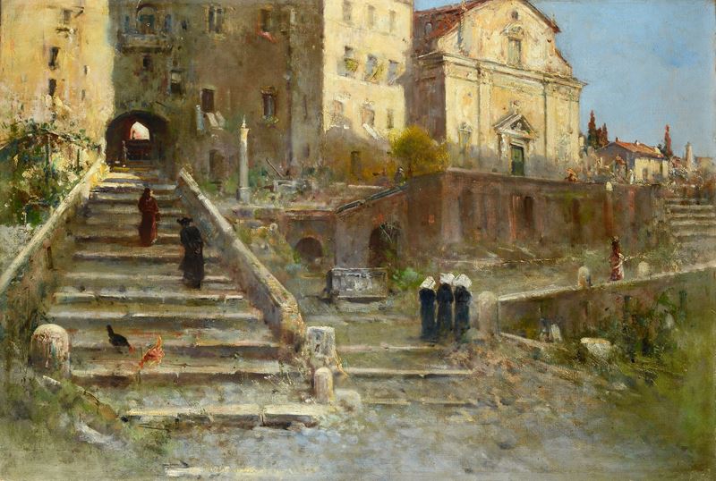 Paesaggio con scorcio di chiesa e figure