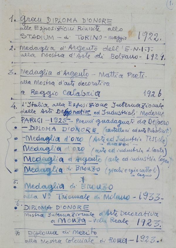 Fortunato Depero : ..1.Grand Diploma of Honor  ((1939))  - China on paper - Auction AUTHORS FROM XVI TO XX CENTURY - Galleria Pananti Casa d'Aste