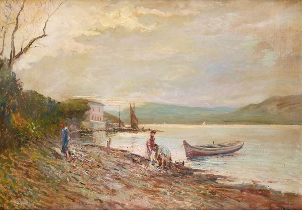 Enrico Reycend - Lake landscape with fishermen