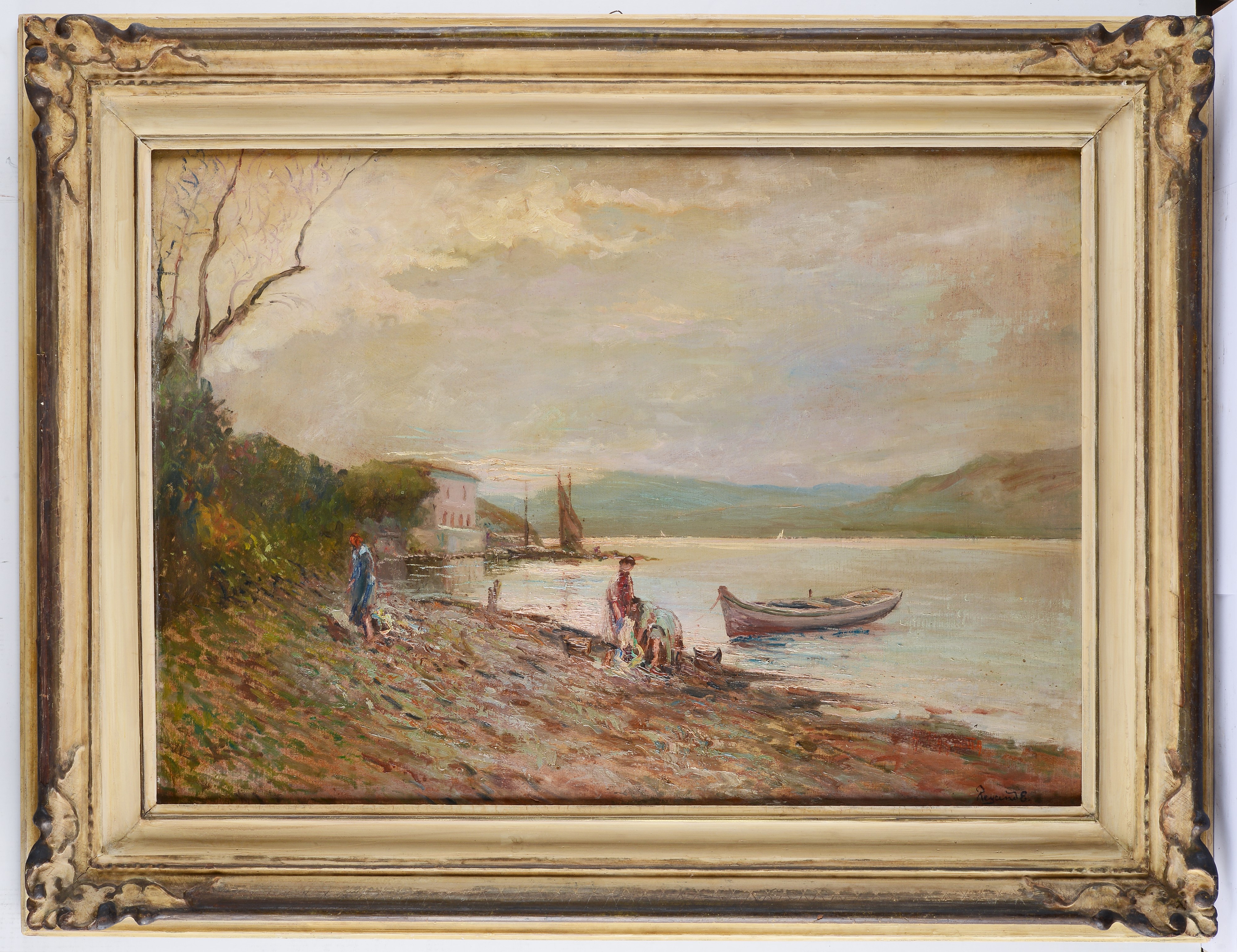 Paesaggio lacustre con pescatori