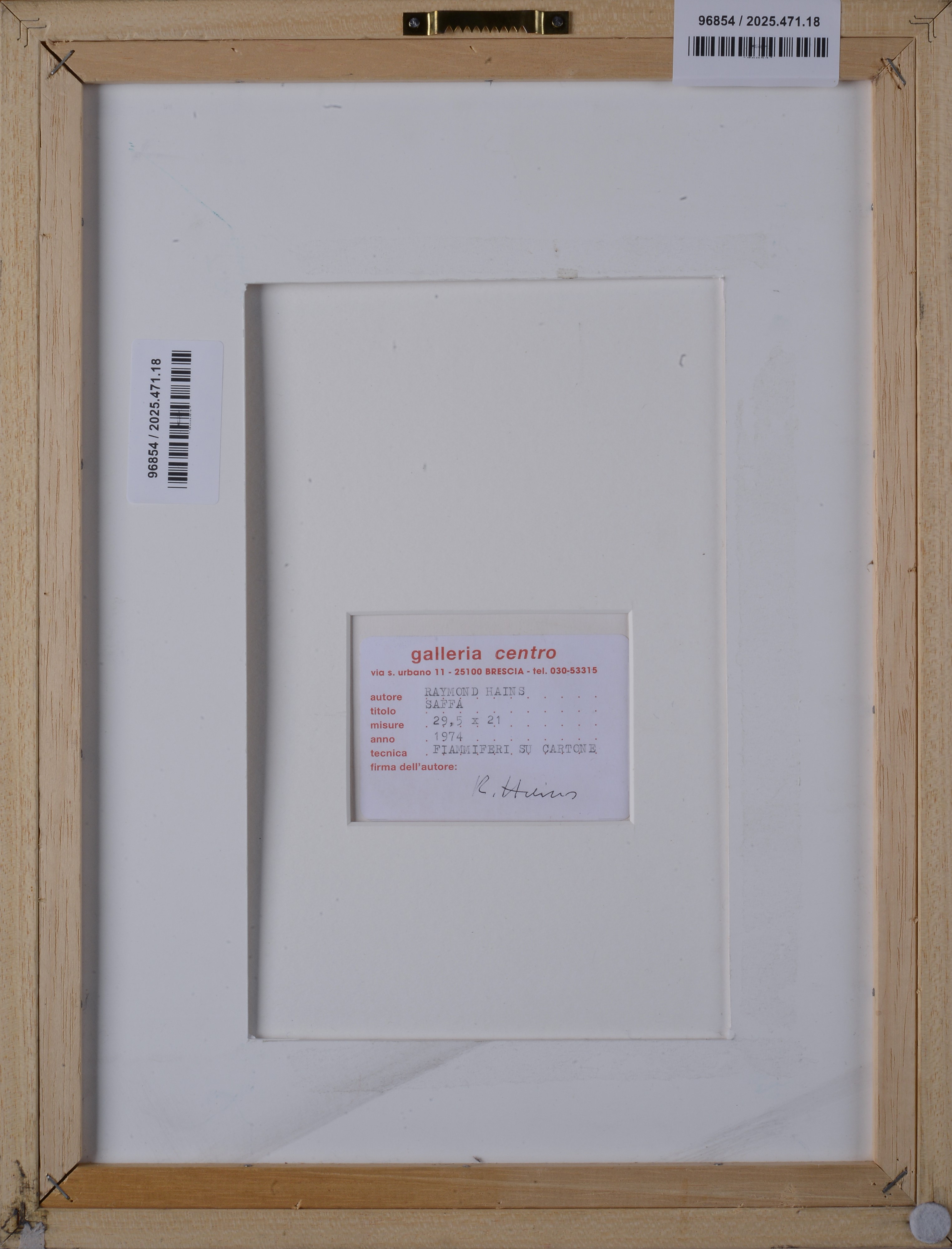 Raymond Hains - Saffa, fiammiferi su cartone
