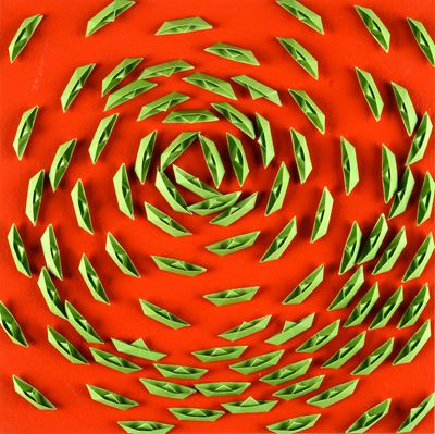 Vortice verde, barche di carta su cartone telato