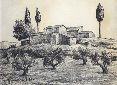 Case nel Chianti, carboncino su carta riportata su cartone