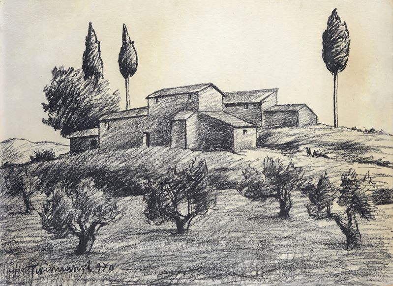 Nino Tirinnanzi - Case nel Chianti, carboncino su carta riportata su cartone