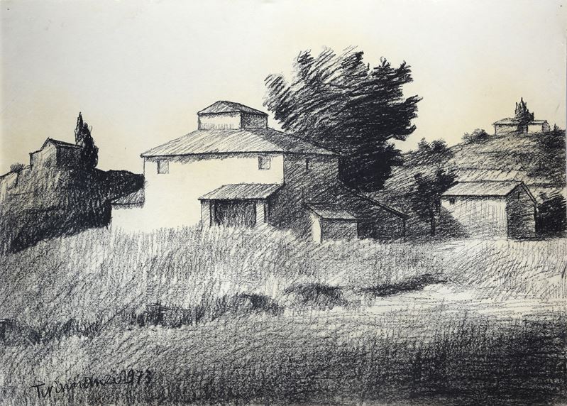 Nino Tirinnanzi - Case nel Chianti, carboncino su carta