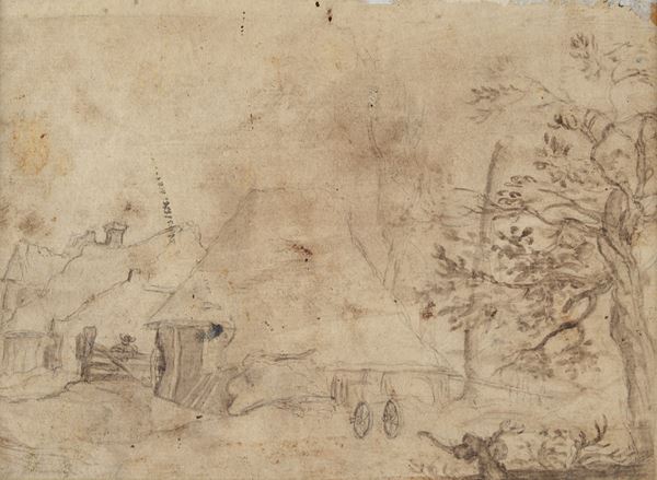 Scuola Olandese, XVII sec. - Landscape with houses (front) - Landscape with trees (back)