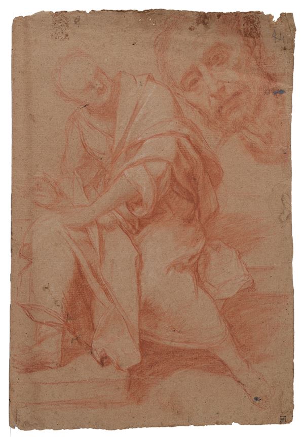 Scuola Emiliana, XVIII sec. - St. Peter and Study of a Head (front) - Pencil Study of a Hand (back)