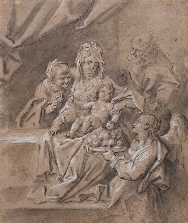 Scuola Fiamminga, XVII sec. - Holy Family with Angel Offering Apples to Baby Jesus (after Hans von Aachen)