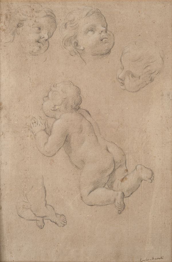 Scuola Italia Centrale, XVIII sec. - Study of a putto and heads (front) - Study of hands (back)