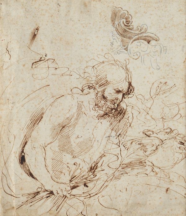 Attr. a Giovanni Francesco Barbieri detto Il Guercino - Study of Zeus and study of frieze (front) Figure in red pencil (back)