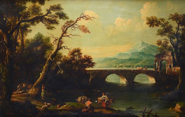 Scuola Italia Settentrionale, fine XVIII sec. - Landscape with bridge and figures